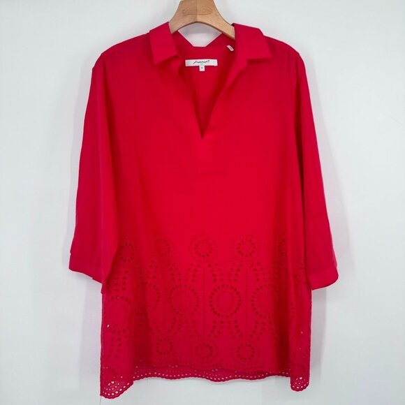 Foxcroft Red Tunic Top embroidered Eyelet Hem Size 10 Cotton popover - Picture 2 of 13